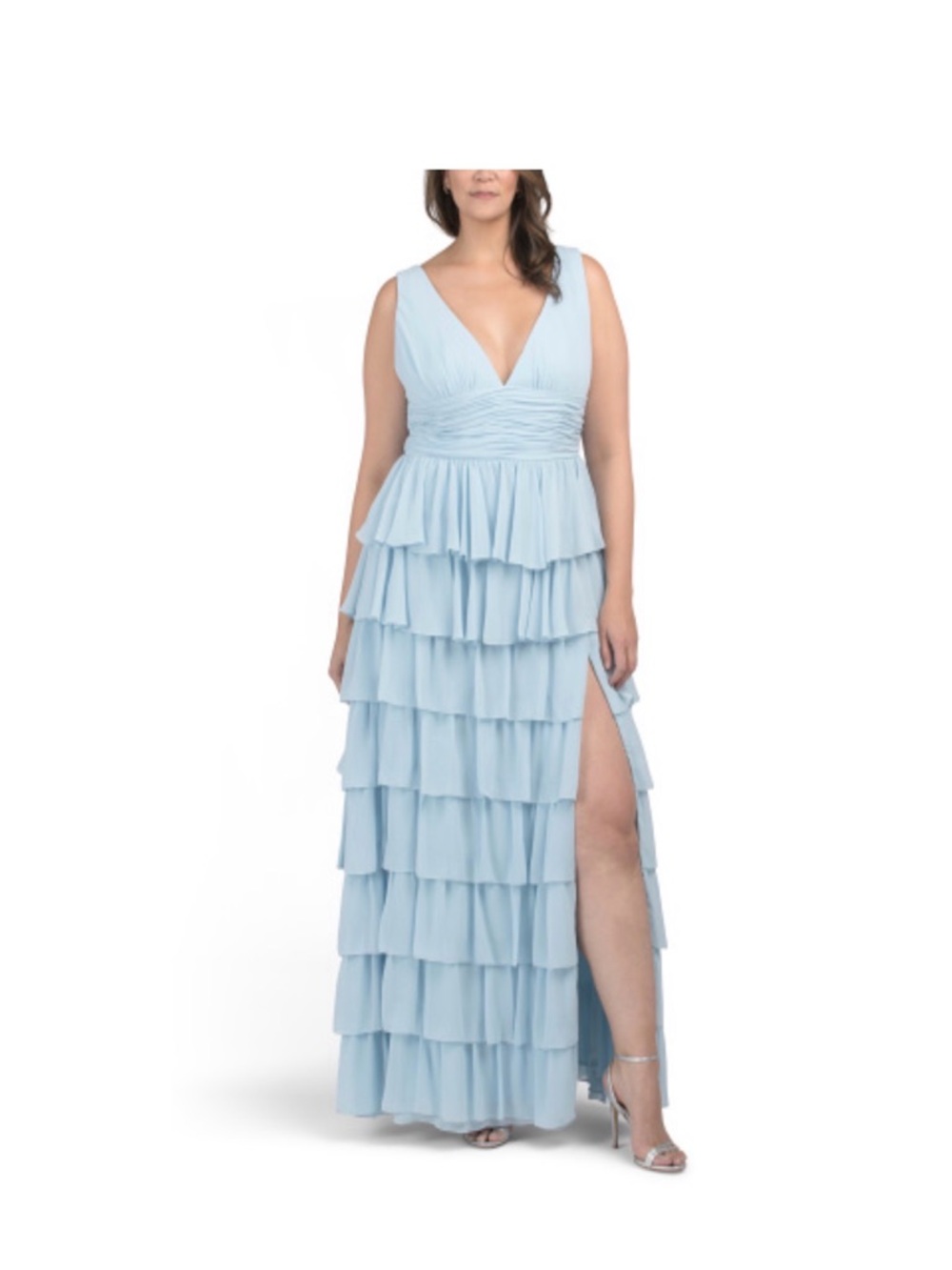 Mac Duggal Pale Blue Tiered Ruffle V-Neck Dress
